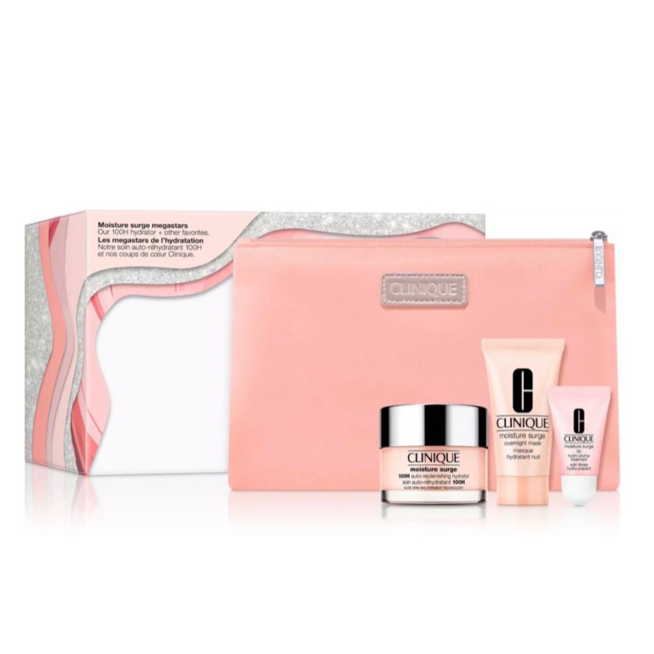 پک آبرسان کلینیک Moisture Surge Megastars شامل آبرسان 100H، ماسک شب و بالم لب